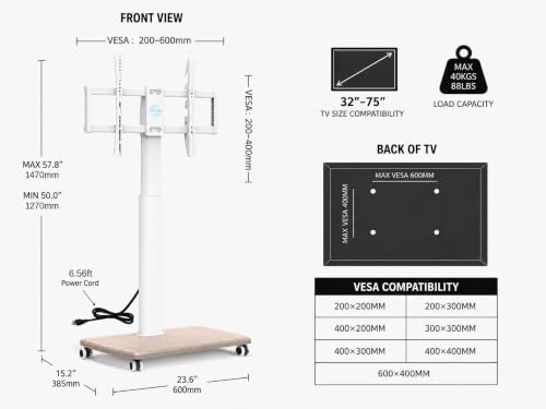 FITUEYES Ivory White Rolling TV Stand with Power Outlets for 32-75 Inch TVs (ETL) – Height Adjustable, 60° Swivel
