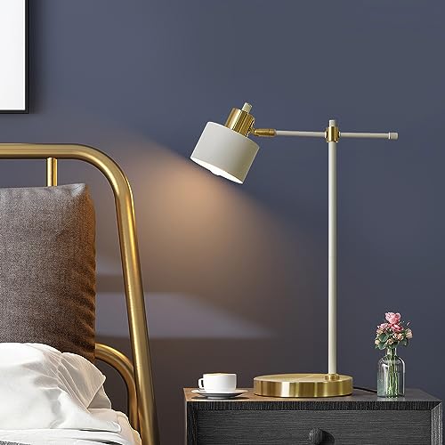 OYEARS Modern Industrial Desk Lamp for Reading LED 22.2¡° Metal Table Lamp Light for Office Bedroom Study Room Living Room Nightstand Bedside Lamps Gold and Matte Cream Accent (Cream, Bulb Included)