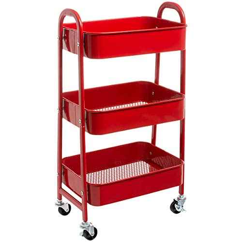 AGTEK Makeup Cart, Movable Rolling Organizer Cart, Red 3 Tier Metal Utility Cart