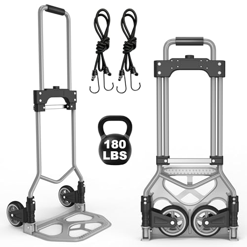 Folding Hand Truck Dolly Cart, 180LBS Portable Aluminum Hand Truck Foldable with Telescoping Handle and Elastic Cord for Luggage, Boxes, Functionality Foldable Dolly for Home, Moving, Black Gray