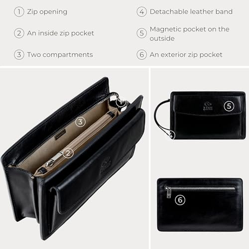 Time Resistance Leather Clutch for Men – Black Organizer Wrist Bag, Handmade in Italy