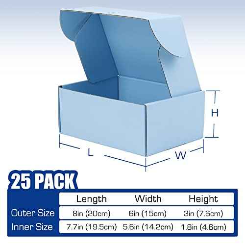 25 Pack Shipping Boxes, 8 x 6 x 3 inch Corrugated Cardboard Packing Small Mailer Box for Mailing Business Packaging, Gifts, Decorations, Blue Kraft