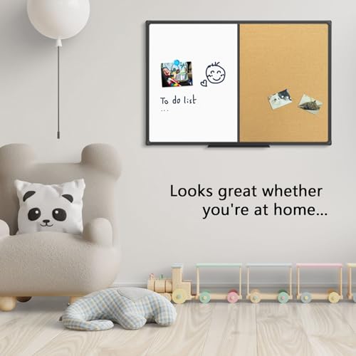 JILoffice 36 x 24 Inch White Board & Corkboard Combo Wall Mount Magnetic Whiteboard with Black Aluminum Frame and 10 Push Pins