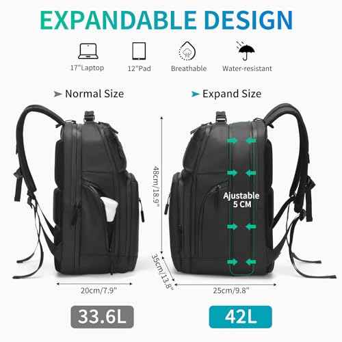 Expandable Business Backpack with 17" Laptop Compartment - Waterproof, Airline Approved, 33L-42L Capacity, for Work & Travel, Black