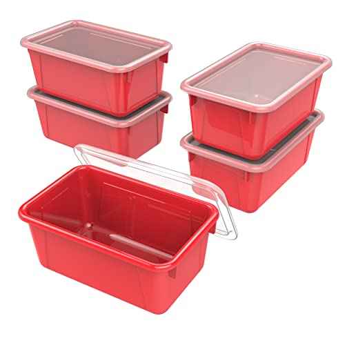 Storex Small Cubby Bins ? Plastic Storage Containers for Classroom with Non-Snap Lid, 12.2 x 7.8 x 5.1 inches, Red, (62407U05C) (Pack of 5)
