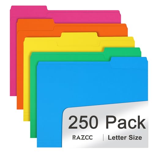 File Folder, RAZCC 250 Pack 1/3 Cut Tab Colored Folders, Colored File Folder Letter Size for Office Classroom Use, Folders with Tabs Assorted 5 Colors