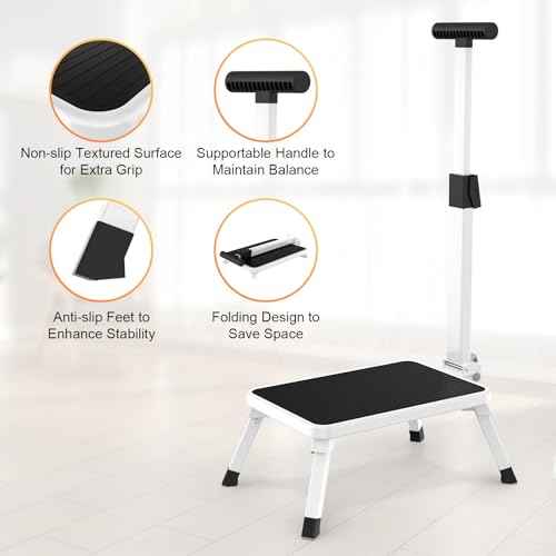 Step Stools for Adults, Foldable Step Stool with Handle for Elderly Seniors Stepping Stool with Non-Slip Step Platform Metal Stool in Kitchen, Bedroom,Bathroom,330 Lbs Capacity(Patent Protection)