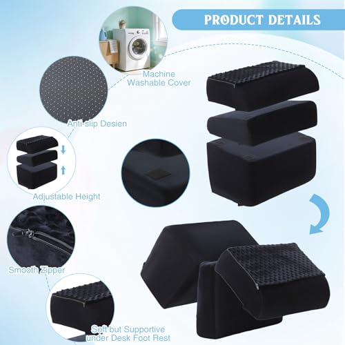 Novabright 3-Height Adjustable Foot Rest with Gel Top & Removable Pocket 17"x11"x17" Black