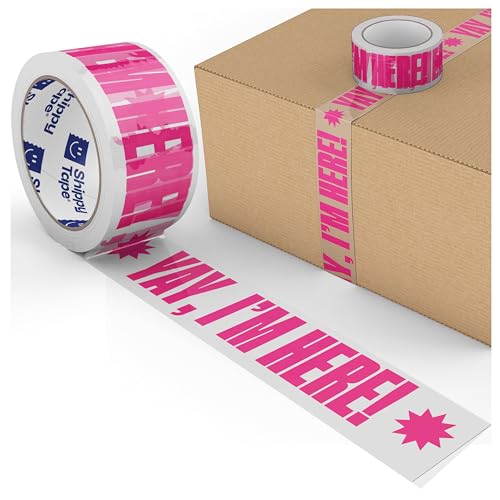 Yay, I'm Here! Clear Hot Pink Decorative Packing Tape 1.88" x 110 Yards - Shippy Tape