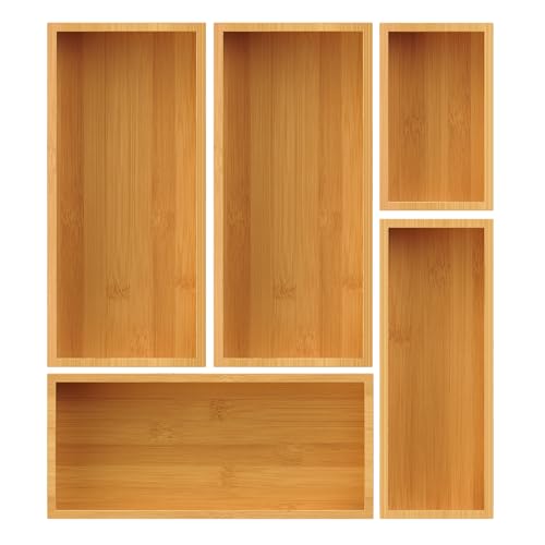 Bamboo Drawer Organizer Set - 5-Piece Kitchen, Bathroom & Office Storage Trays