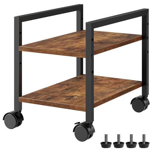 HOOBRO CPU Stand 2-Tier On-Wheels, Height-Adjustable Floor PC Tower Holder in Rustic Brown/Black