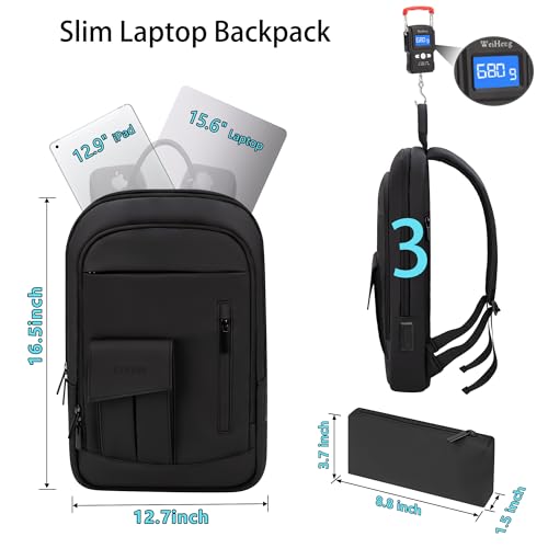 Business Backpack for Men Slim Lightweight Laptop Backpack Water Resistant Small Office Backpack for Commute Travel Daily Office Work with Small Bag (Black)
