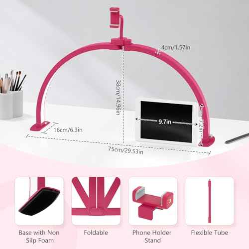 Yokilly Half Moon Light for Nail Desk: 29" Foldable Half Moon Desk Lamp with Phone Holder for Beginner - Arch Nail Tech Light with 3 Color Modes & 10 Brightness for Manicure Salon (Rose Red, Large)