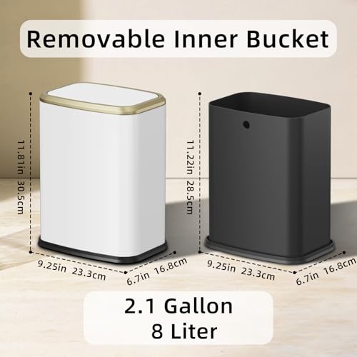 White Small Bathroom Trash Can with Lid, Swing-Top Waste Bin, 8L/2.1 Gallon Stainless Steel