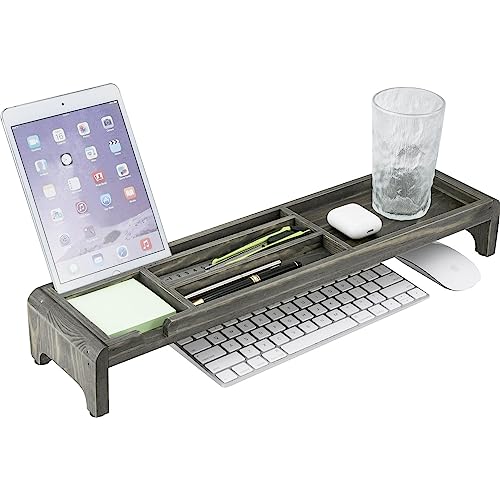 MyGift Desk Organizer Keyboard Shelf, Vintage Weathered Gray Solid Wood Office Storage Tray with 5 Compartments, Includes a Cable Organizer