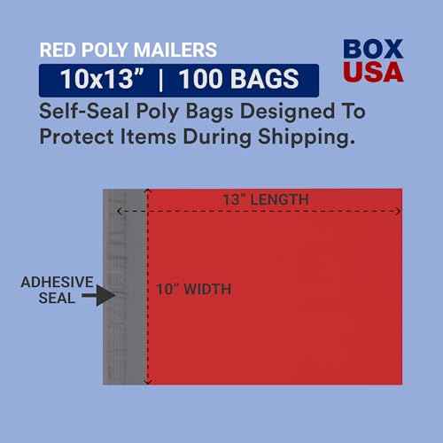 BOX USA Red Shipping Bags Large Heavy Duty 10" x 13" (100-Pack) | Waterproof Bag Poly Mailers for Packing Clothing and Secure Shipping, Packaging & Small Business Mailing