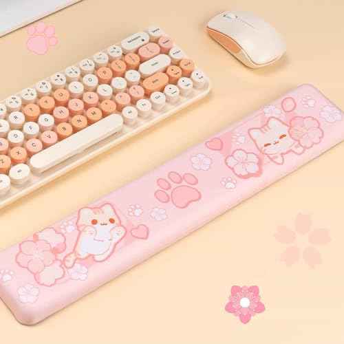 BelugaDesign Sakura Cat Desk Pad | NS Switch Keyboard Laptop Gaming Setup Accessories Mat Large Mat Mousepad | Pastel Pink Bunny Kawaii Cute Anime Desk Mat Blotter Protector with Gel Wrist Support