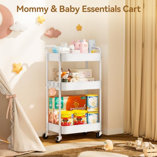 YASONIC White 3-Tier Metal Utility Cart with Wheels - Heavy-Duty Storage Organizer