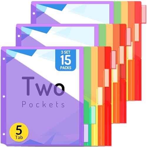 Forvencer 15 Count Dividers with Pockets, 5 Tab Dividers for 3 Ring Binder with Pockets, Subject Divider with Pocket, Premium Quality Notebook Divider with Pocket, Multicolor, 3 Sets