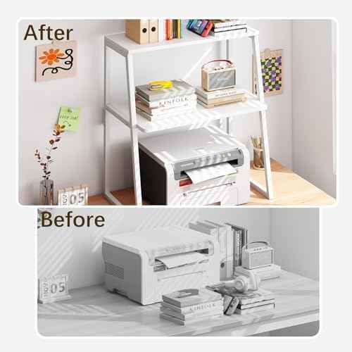 Printer Stand for Desk, Desktop Printer Shelf, 3 Tier Desk Shelf for top of Desk, Large Printer Stands Office Organization Shelves for Home Office Printer Fax Book, White