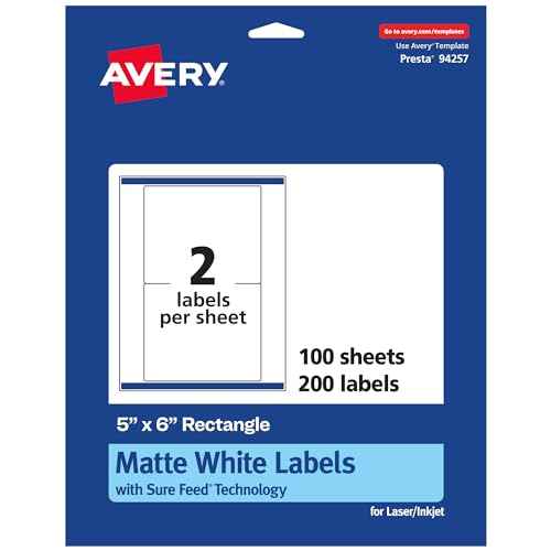 Avery Matte White Rectangle Labels, Sure Feed Technology, 5" x 6", 200 Matte White Printable Labels