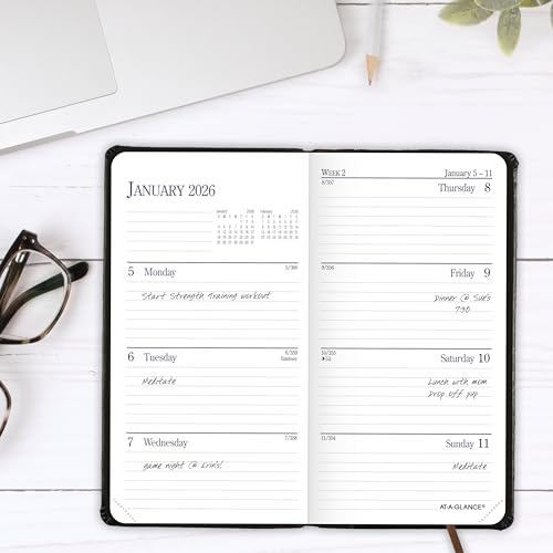 AT-A-GLANCE 2026 Diary, Fine Diary, Weekly & Monthly, 3" x 6", Pocket Size, Hardcover, Black Brown (74020526)