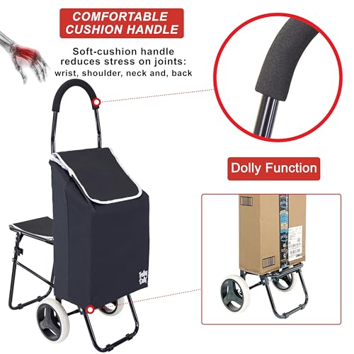 dbest products Trolley Dolly Sport with Chair ? Foldable Grocery Cart on Wheels ? Multi Use Rolling Cart with Built-in Seat, Removable Bag, and Hand Truck Dolly Function, Black