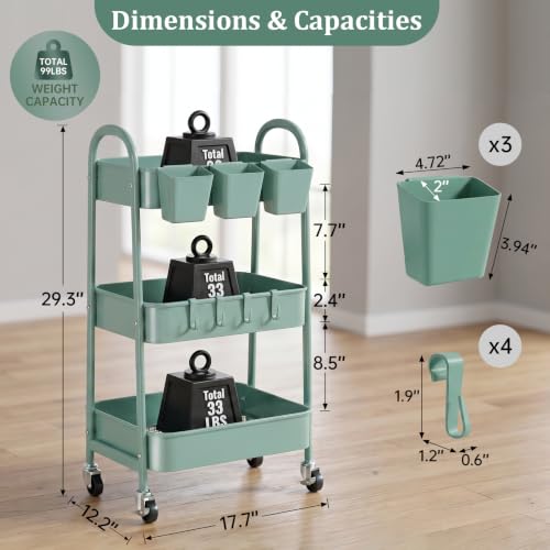 danpinera Green 3-Tier Metal Rolling Storage Cart with Wheels