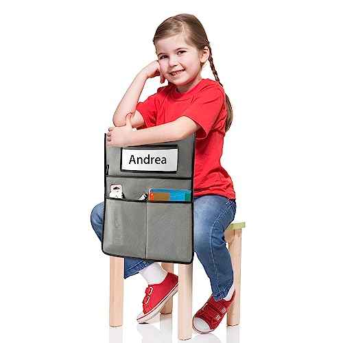 Chairback Buddy Pocket Chart Back of Chair Organizer for Classroom with Name Tag Pocket (GREY-12 PACK)
