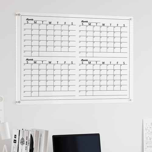 Acrylic 4 Monthly Calendar Whiteboard for Wall, 36"x24" Clear Planner Dry Erase White Board for List, Kitchen, Planning, Memo, Office