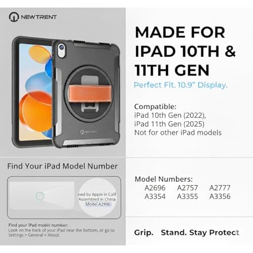 Original Hand Strap Case for iPad 11 (A16) 11-inch (2025) & 10th Gen 10.9-inch (2022) | 360¡Æ Rotating Kickstand, Genuine Leather Hand Strap, Built-in Screen Protector (Orange Grey)