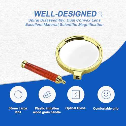 10x Handheld Magnifier, Reading Magnifier for Children Elderly for Hobbies and Science, 80mm Plastic Gold Plated Frame Electroplated Faux Wood Grain Handle