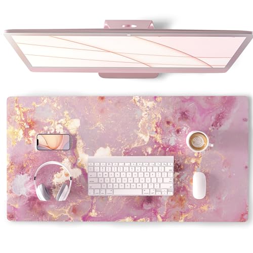 QiyI Rose Gold Marble Large PU Leather Mouse Pad 31.5" x 15.7" Office Decor