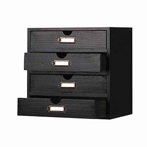 Wooden Storage Box Rustic Desktop Organizer with 4 Drawers Office Desk Accessories Shelf Small Craft Storage Containers Apothecary Cabinet and Chest Jewelry Holder for women(BLACK)