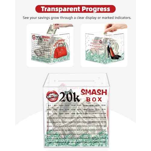 20k Smash Box for Money, Large Piggy Bank for Adults 20000 Savings Challenge Box, Money Saving Box for Cash, Big Unbreakable Clear Acrylic Money Saver Must Break to Open