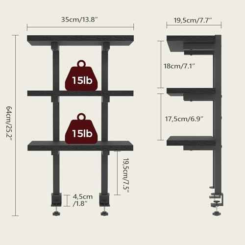 Clamp On Desk Organizer, 3-Tier Desktop Bookshelf, Adjustable Desk Storage Shelf, Metal Frame, for Office, Study and Game Room, Black DSBK3601
