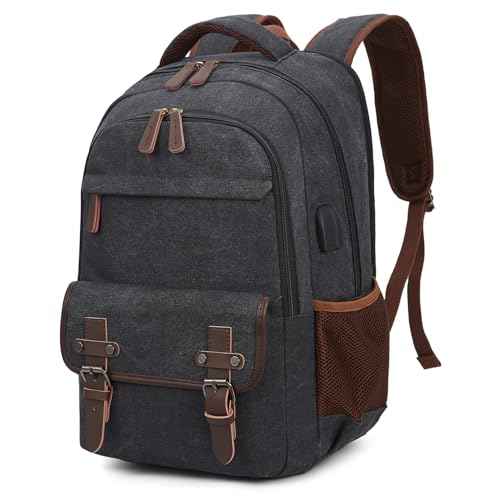 Canvas Travel Laptop Backpack for Men Women, business Work Rucksack College School Computer Bag Fits 15.6 Inch Laptop, Bookbag with USB Charging Port £¨Black£©