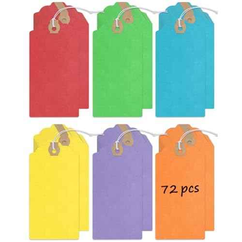 Uniclife 72 Pcs Blank Shipping Tags with Elastic String Attached Cardstock Paper Hang Tags with Reinforced Eyelet Large Marking Tags Price Tags Inventory Label Tags, Rainbow Colors (4.7" x 2.36")