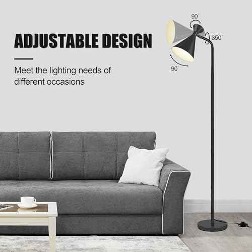 PARTPHONER Floor Lamp for Living Room, Modern Adjustable Metal Heads Standing Lamps, Simple Design Black Floor Lamp with Foot Switch for Bedroom, Office, Kids Room, Reading (Bulb Not Included)