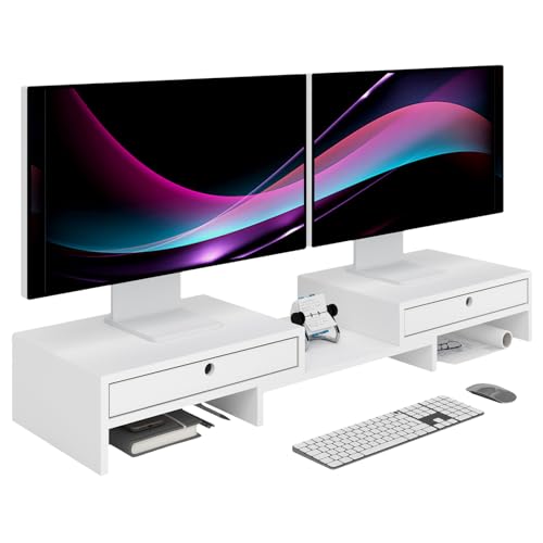 LAPTAIN Wooden Dual Monitor Stand with 2 Drawers, Monitor Stand Riser with Adjustable Length and Angle, Solid Wood Desktop Organizer Stand for Laptop/PC/Computer, No Assembly Required