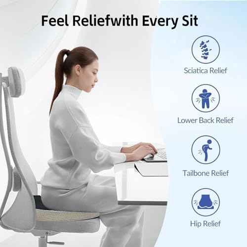 Seat Cushion for Office Chair & Car, Memory Foam Coccyx Cushion for Tailbone Pain Relief, Ergonomic Chair Pad with Non-Slip Cover & Handle, Sciatica Cushion for Office, Gaming Chair, Wheelchair