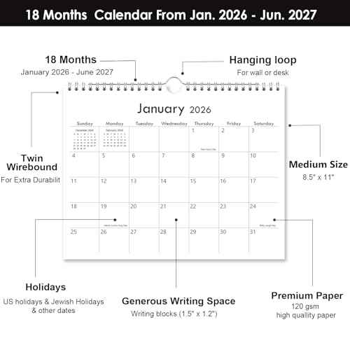 2026 Calendar - Wall Calendar 2026-2027 Runs from January 2026 Until June 2027, 8.5'' x 11'', 2026 Small Calendar with Spiral Binding, The Perfect Wall Calendar Planner for Easy Organizing, Black