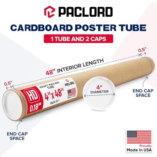 2X Heavy-Duty Reinforced Cardboard Mailing Tube 4" x 48" with Caps - Pack of 1