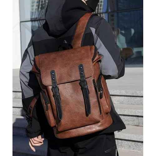 PU leather casual backpack 15.6 inches travel college work backpack business laptop backpack multi-pocket schoolbag (brown2,Backpack)