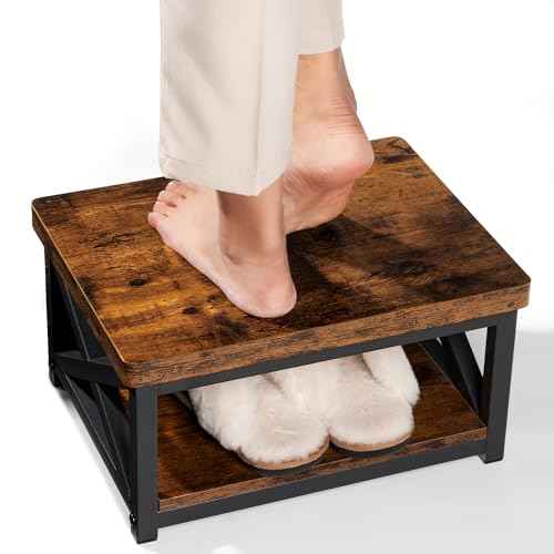 Wooden Step Stool for Adults & Kids with Patented Bottom Shelf ? Anti-Slip Rubber Feet, Heavy-Duty Steel Frame, 500 lbs Capacity ? Bed Step Stool for Adults & Step for Bed ? Rustic Brown