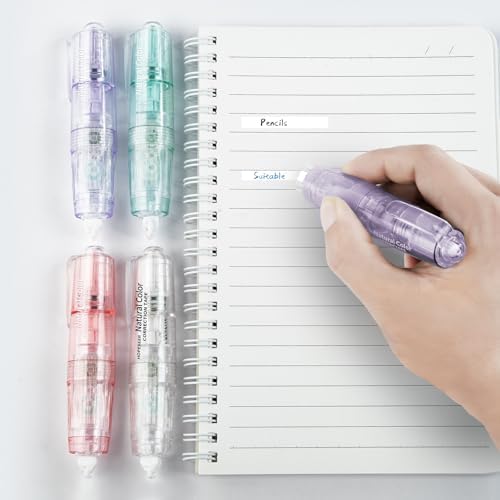 HOPESEER White Retractable Correction Tape, 4PCS Correction Dispensers Pre-Loaded, Cute Pull-Out Pen-Shaped Applicator, Anti-Break Tape for Office Supplies (Transparent, Green, Pink, Purple)