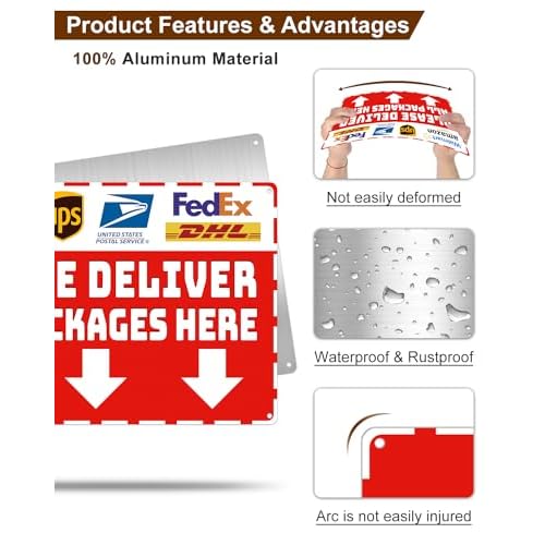 Package Delivery Metal Sign, Please Deliver All Packages Here, Waterproof & Rustproof Red Aluminum Delivery Instructions for Box House Yard Front Door Outdoor Home Use 8¡¿12 Inch