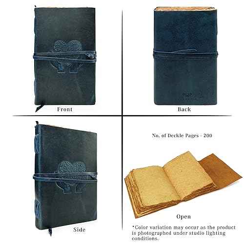 LUXEORIA Heart Journal for Women and Men, Handcrafted Leather Journal for Writing Womens, Sketchbook, Travel Diary with Unlined Deckle Paper, Dark Blue 8x13