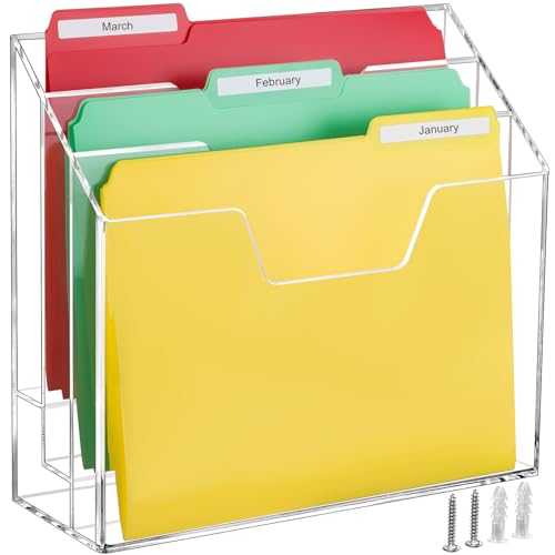 BEYGORM Acrylic File Folder Holder, 3 Tiers Clear Wall Hanging Magazine Rack, Desktop Large Vertical Tiered File Holder for Office and Home, Upright File Storage for Desk