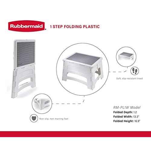 Rubbermaid Mini Folding Step Stool, Short, Foldable, Lightweight with Slip Resistant Treads and Non-Slip Feet, White